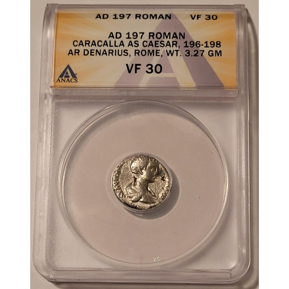 Roman Empire Caracalla AD 197 AR Denarius Rome Mint VF30 ANACS
